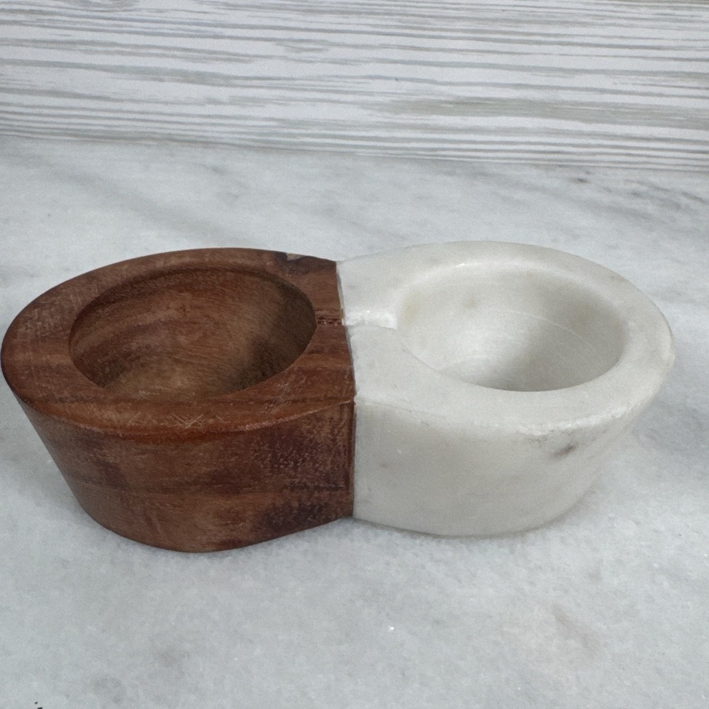 Anthropologie Open Salt and Pepper Bowl Acacia Wood and Marble